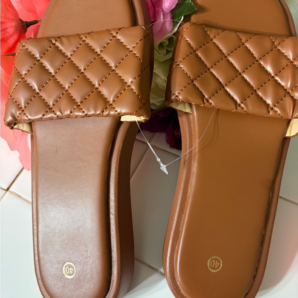 Quilted Brown Slide Sandals